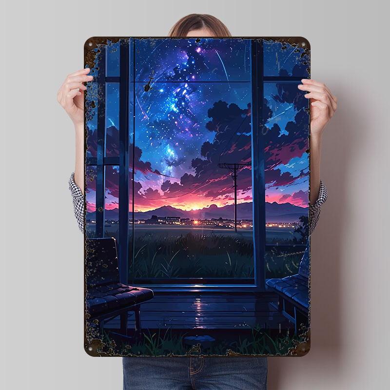 Custom Night Sky - ملصق طباعة بتصميم نافذة أنيمي تظهر