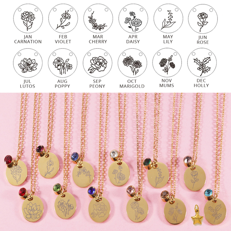 Birth Flower Necklace - الكريستال جوهرة قلادة للنساء شهر الميلاد
